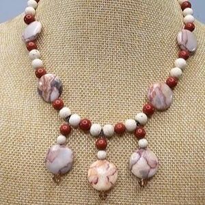Crazy Lace Agate, Red Coral and White Beaded Necklace 17.5"L